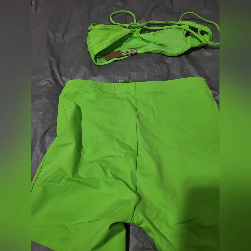 SKIMS Neon Green Bikini Top and High-Waist Shorts Set